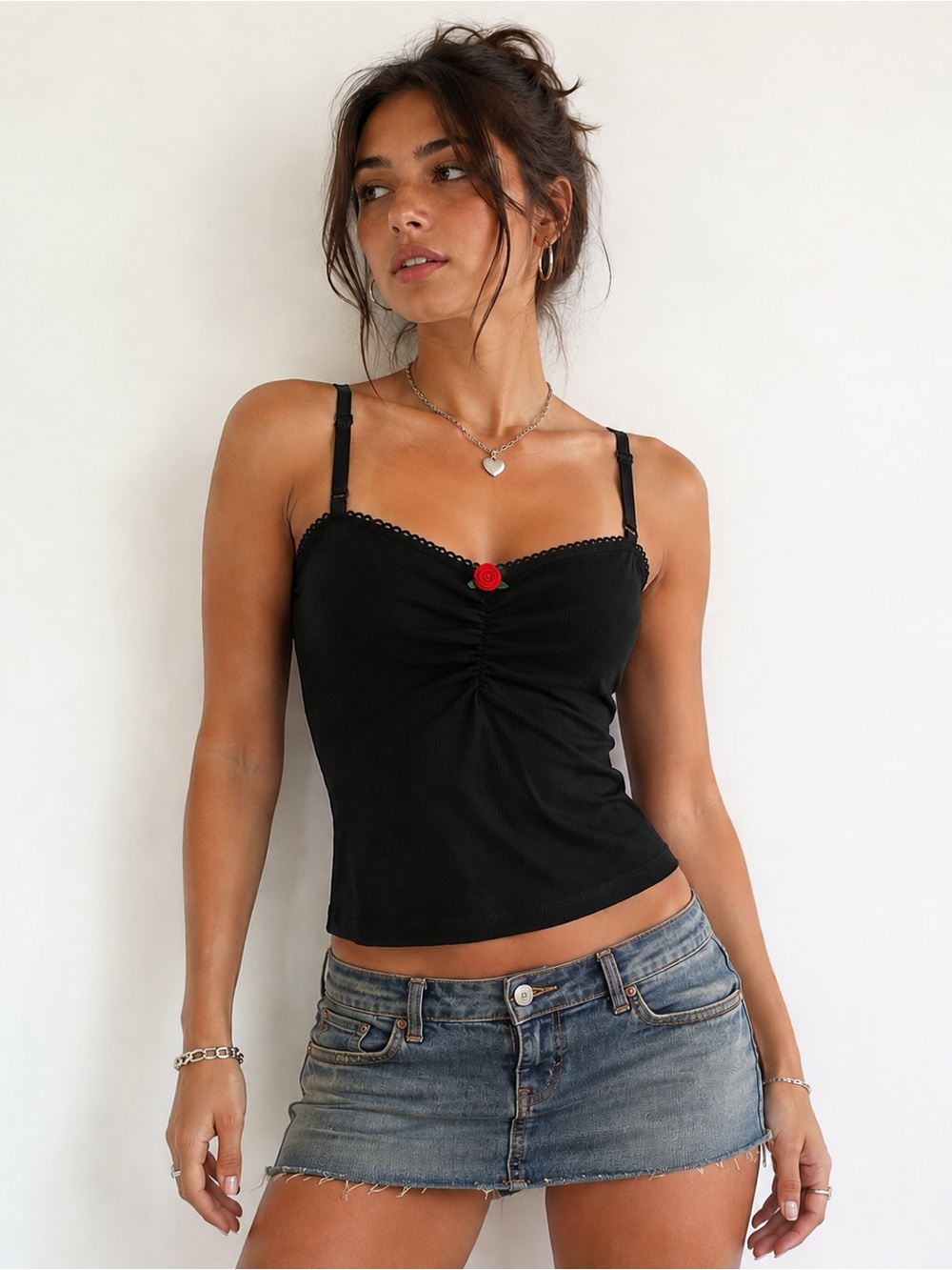 Edikted Y2K Black Ribbed Ruched Cami Tank XS